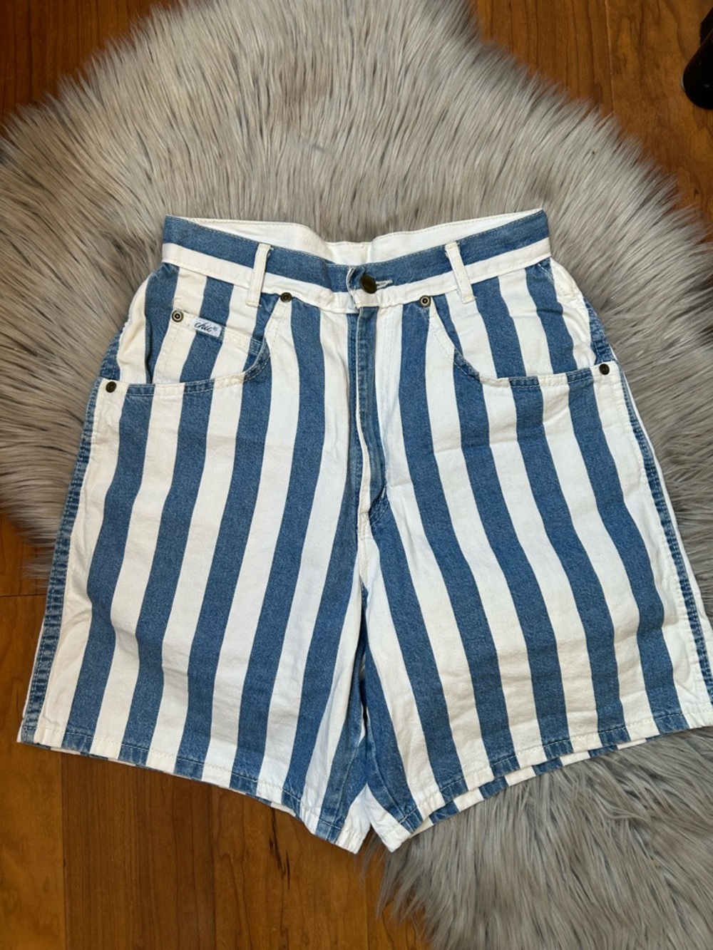 Chic Blue and White Vertical Stripe Bermuda Shorts